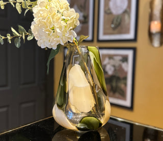 Green and Cream Patterned Glass Vase.