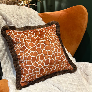 Burnt Orange Giraffe Print Velvet cushion with Fringe