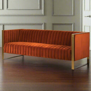 Retro Burnt Orange Velvet with Gold Trim 3 Seater Couch