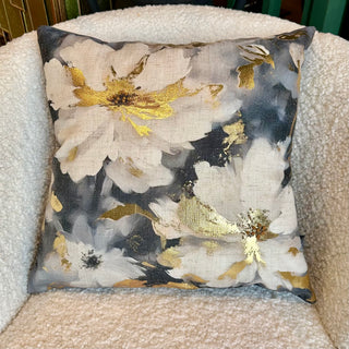 White, Grey and Gold Floral Pillow