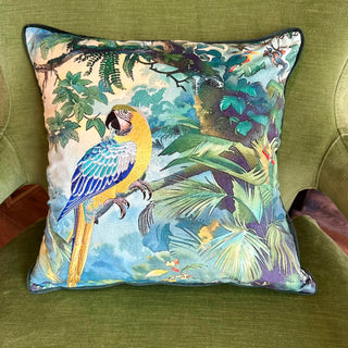 Green and Blue Parrot and Jungle Velvet Pillow