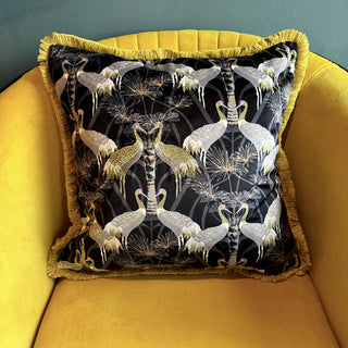 Black and Gold Cushion with Art Deco Birds and Fringing