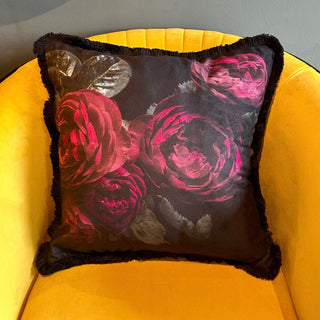 Black Velvet Pillow with Pink Florals and Fringing