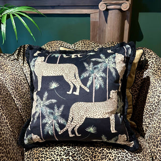 Black Velvet Cushion with Cheetah Trail and Fringes