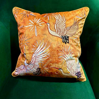 Orange Velvet Cushion with Art Deco Style Crane Pattern