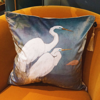 Storks on Blue Velvet Tassel Cushion